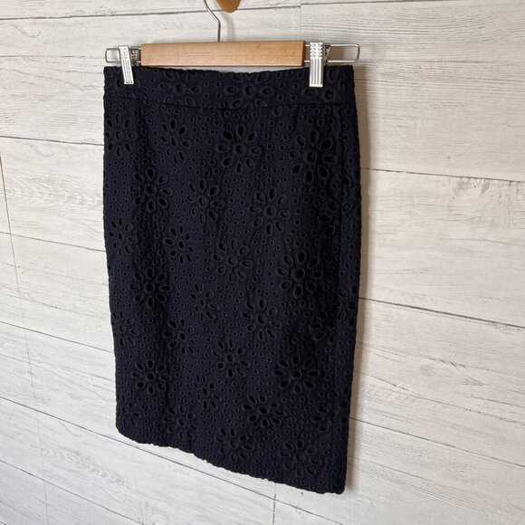 J Crew Skirt Womens SZ 00 Navy Blue No. 2 Pencil Mini Eyelet Lined Cotton Floral - Picture 5 of 16